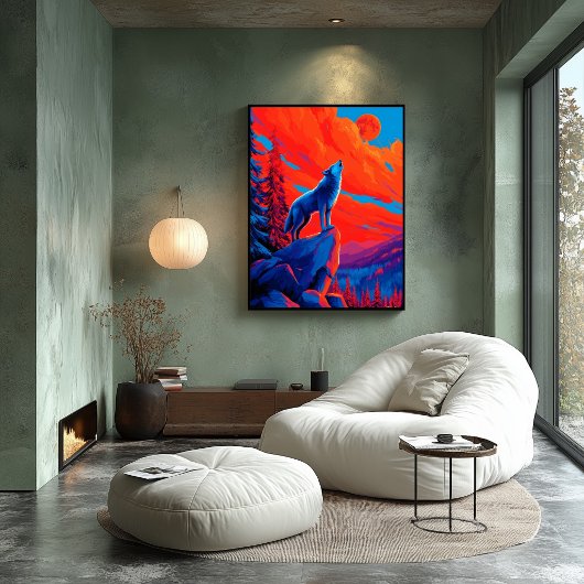 Expressionistische wolf onder karmozijnrode maan w poster
