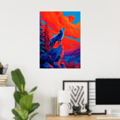 Expressionistische wolf onder karmozijnrode maan w poster (Thuiskantoor)