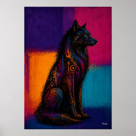 Expressionistische Zwarte Wolf in Kleurvelden Post Poster