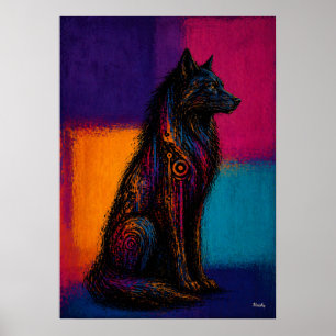 Expressionistische Zwarte Wolf in Kleurvelden Post Poster