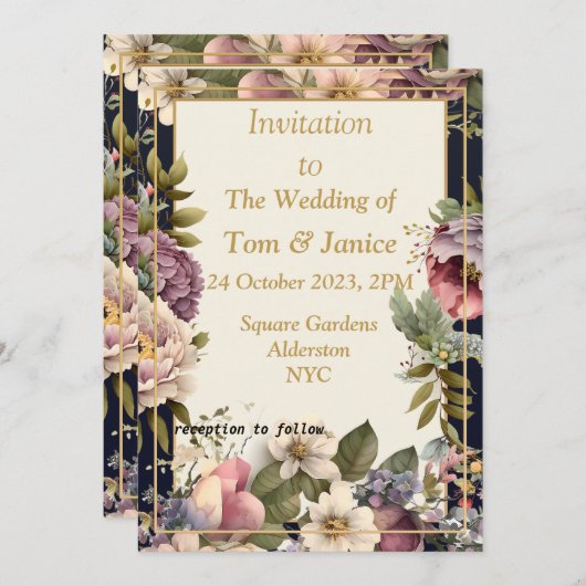 Exquise bloemengrens bruiloft uitnodiging (Voorkant / Achterkant)