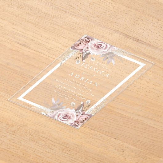 Exquise Blush & Roos Bloemen Lijst bruiloft Acryl Uitnodigingen (Laagn)