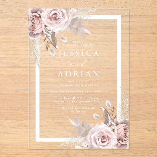 Exquise Blush & Roos Bloemen Lijst bruiloft Acryl Uitnodigingen (Voorkant)