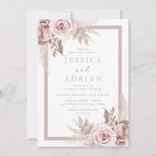Exquise Blush & Roos Bloemen Lijst bruiloft Kaart (Voorkant)