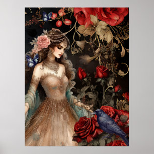 Exquise Donkere Schoonheid Rode Rozen & Raven Poster