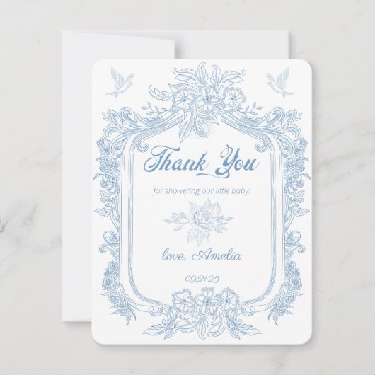 Exquise Dusty Blue Baroque Lijst Baby shower Bedankkaart (Voorkant)