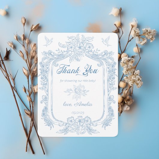 Exquise Dusty Blue Baroque Lijst Baby shower Bedankkaart