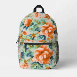 Exquise Gouden Bloemen en Blauw, Groen Bladeren Bedrukte Rugzak