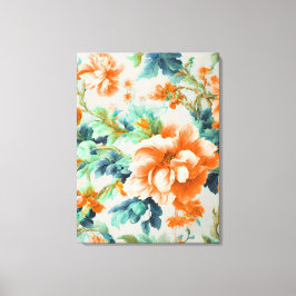 Exquise Gouden Bloemen en Blauw, Groen Bladeren Canvas Afdruk