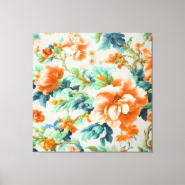 Exquise Gouden Bloemen en Blauw, Groen Bladeren Canvas Afdruk