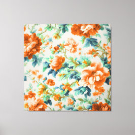 Exquise Gouden Bloemen en Blauw, Groen Bladeren Canvas Afdruk