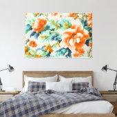 Exquise Gouden Bloemen en Blauw, Groen Bladeren Canvas Afdruk (Insitu (Slaapkamer))