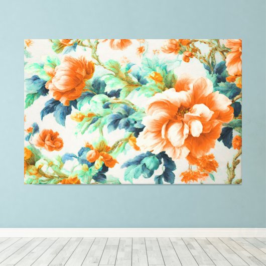 Exquise Gouden Bloemen en Blauw, Groen Bladeren Canvas Afdruk (Insitu (Houten vloer))