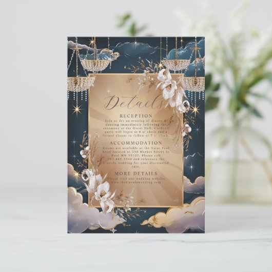 Exquise gouden kroonluchter bloemenbruiloft informatiekaartje (Staand voorkant)