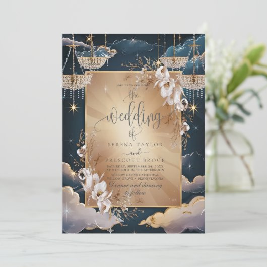 Exquise gouden kroonluchter bloemenbruiloft kaart (Staand voorkant)