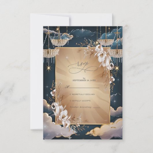 Exquise gouden kroonluchter bloemenbruiloft RSVP kaartje (Voorkant)