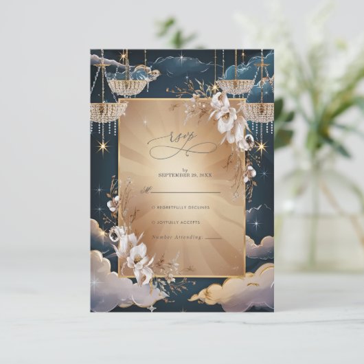 Exquise gouden kroonluchter bloemenbruiloft RSVP kaartje (Staand voorkant)
