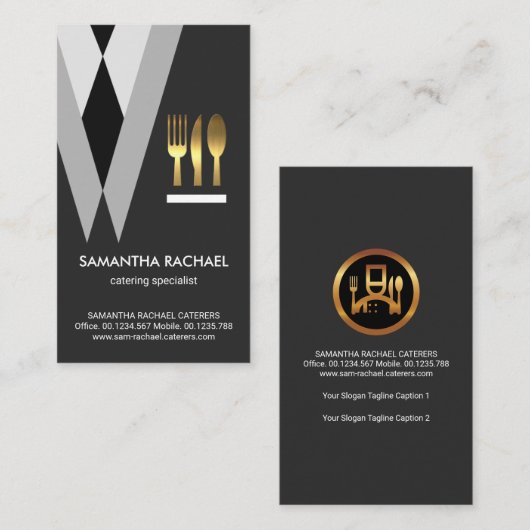 Exquise Grey Tuxedo Suit Waiter Gold Cutlery Visitekaartje (Voorkant / Achterkant)