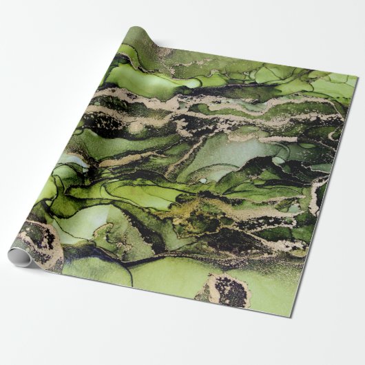 Exquise Jade Green Gold Black Alcohol Ink Cadeaupapier (Uitgerold)