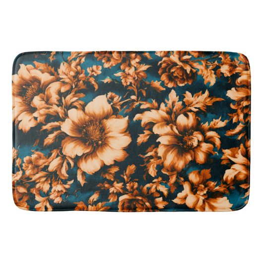 Exquise Luxe Gouden Bloemen, Bladeren op Blauw Badmat (Voorkant)