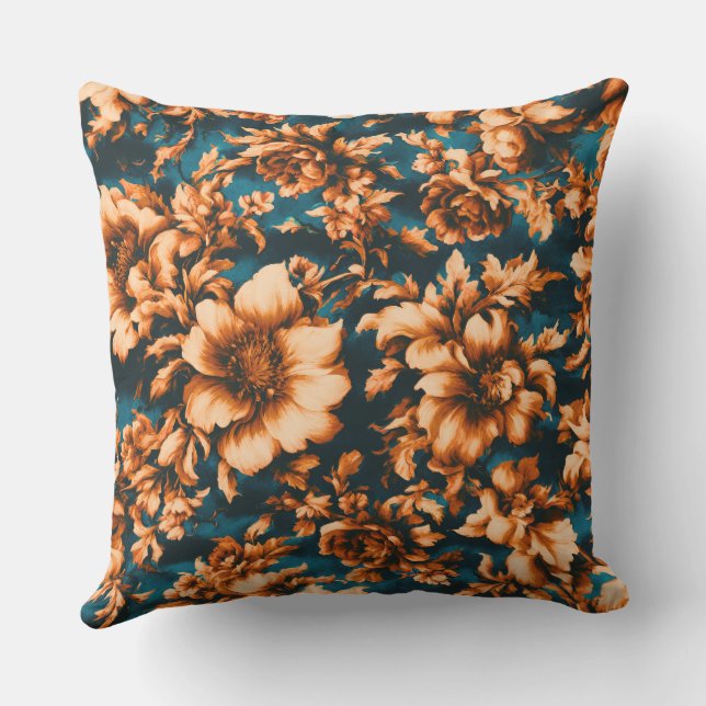 Exquise Luxe Gouden Bloemen, Bladeren op Blauw Buitenkussen (Achterkant)