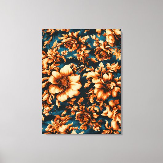 Exquise Luxe Gouden Bloemen, Bladeren op Blauw Canvas Afdruk (Voorkant)