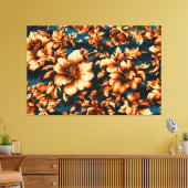 Exquise Luxe Gouden Bloemen, Bladeren op Blauw Canvas Afdruk (Insitu (Woonkamer))