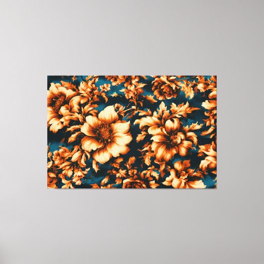Exquise Luxe Gouden Bloemen, Bladeren op Blauw Canvas Afdruk (Voorkant)