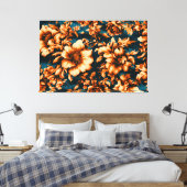 Exquise Luxe Gouden Bloemen, Bladeren op Blauw Canvas Afdruk (Insitu (Slaapkamer))