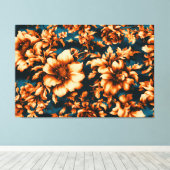 Exquise Luxe Gouden Bloemen, Bladeren op Blauw Canvas Afdruk (Insitu (Houten vloer))