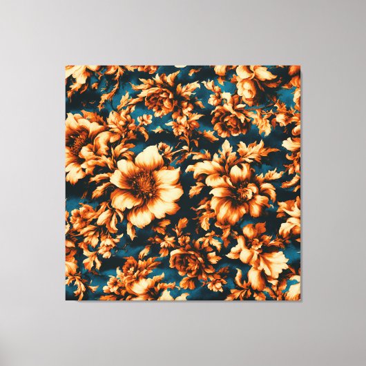 Exquise Luxe Gouden Bloemen, Bladeren op Blauw Canvas Afdruk (Voorkant)