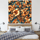 Exquise Luxe Gouden Bloemen, Bladeren op Blauw Canvas Afdruk (Insitu (Slaapkamer))