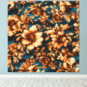 Exquise Luxe Gouden Bloemen, Bladeren op Blauw Canvas Afdruk (Insitu (Houten vloer))