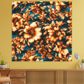 Exquise Luxe Gouden Bloemen, Bladeren op Blauw Canvas Afdruk (Insitu (Woonkamer))