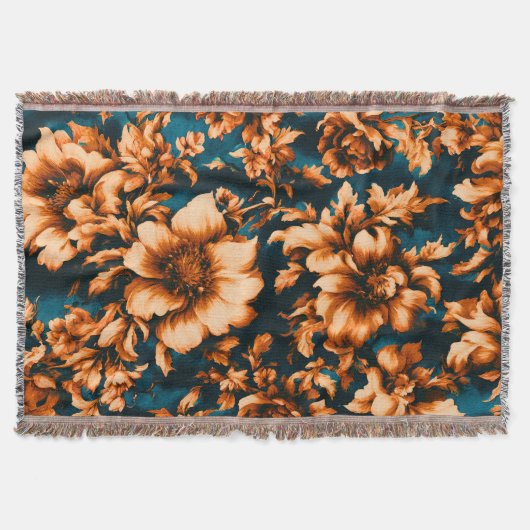 Exquise Luxe Gouden Bloemen, Bladeren op Blauw Deken (Voorkant)