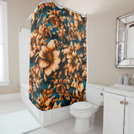 Exquise Luxe Gouden Bloemen, Bladeren op Blauw Douchegordijn