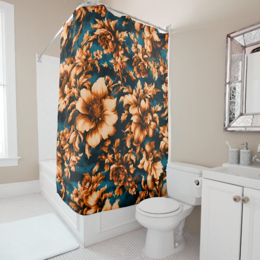 Exquise Luxe Gouden Bloemen, Bladeren op Blauw Douchegordijn (In situ)