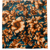 Exquise Luxe Gouden Bloemen, Bladeren op Blauw Douchegordijn (Voorkant)