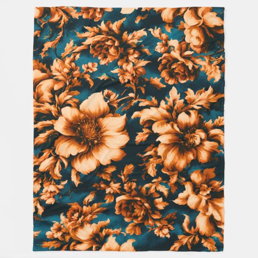 Exquise Luxe Gouden Bloemen, Bladeren op Blauw Fleece Deken (Voorkant)