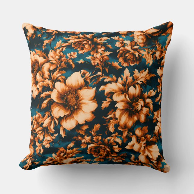 Exquise Luxe Gouden Bloemen, Bladeren op Blauw Kussen (Voorkant)