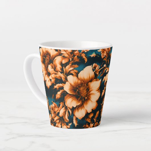 Exquise Luxe Gouden Bloemen, Bladeren op Blauw Latte Mok (Linkerhoek)