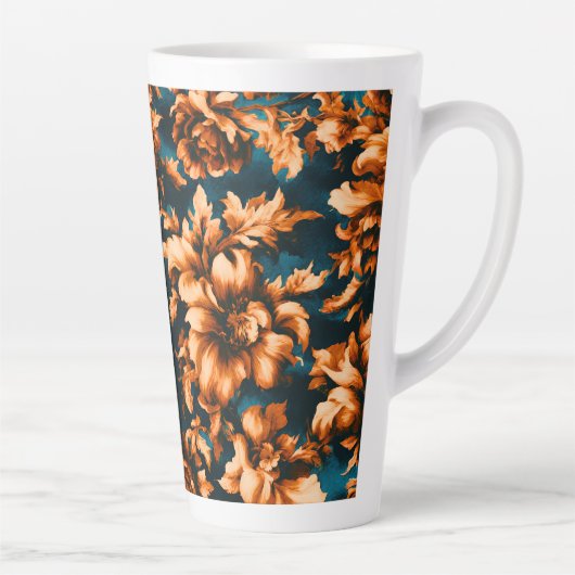 Exquise Luxe Gouden Bloemen, Bladeren op Blauw Latte Mok (Rechts)