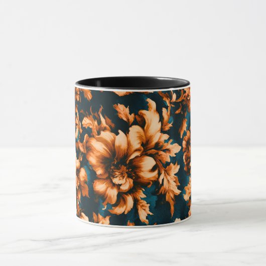 Exquise Luxe Gouden Bloemen, Bladeren op Blauw Mok (Midden)