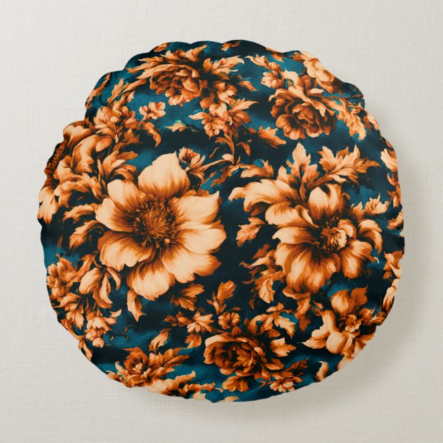 Exquise Luxe Gouden Bloemen, Bladeren op Blauw Rond Kussen (Voorkant)