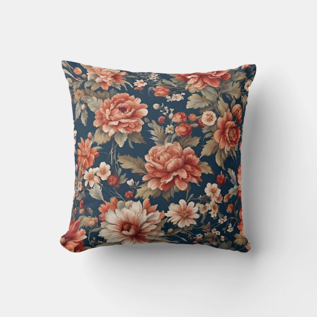 Exquise Retro Oranje Rozen, bladeren en bloemen Kussen (Voorkant)