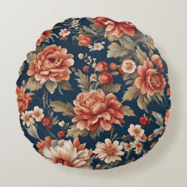 Exquise Retro Oranje Rozen, bladeren en bloemen Rond Kussen