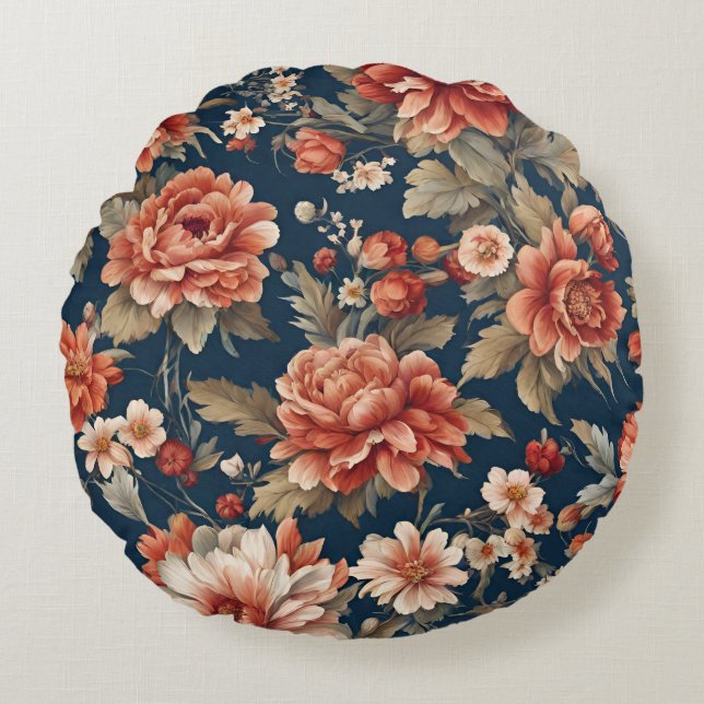 Exquise Retro Oranje Rozen, bladeren en bloemen Rond Kussen (Voorkant)