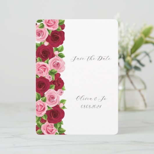 Exquise rood en roze bloemen opslaan de datum kaar kaart (Staand voorkant)