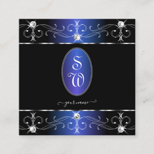 Exquise Zwart Blauw  Ornamenten Monogram Vierkante Visitekaartje (Voorkant)