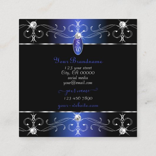 Exquise Zwart Blauw  Ornamenten Monogram Vierkante Visitekaartje (Achterkant)